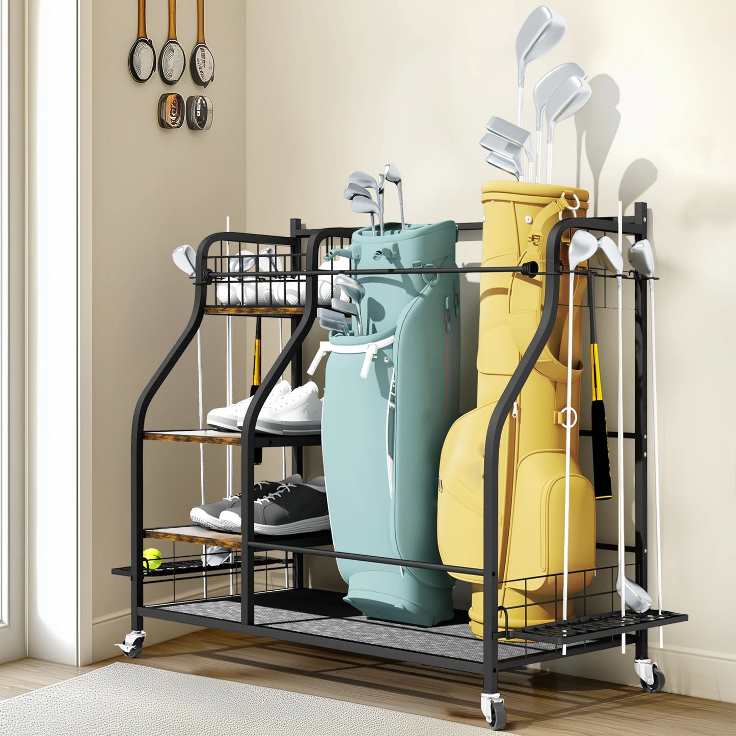 Rolling Golf Bag Storage Rack With Wheels For Sports Equipment