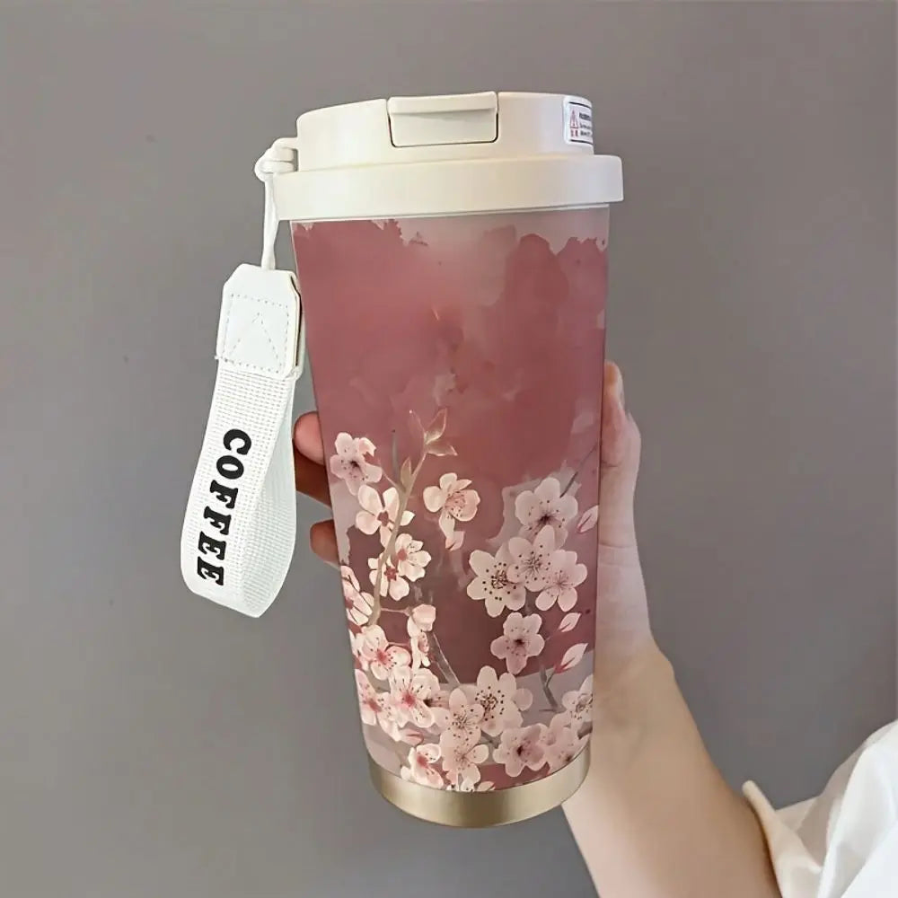 304 Stainless Steel Sakura Insulated Travel Mug With Straw Lid
