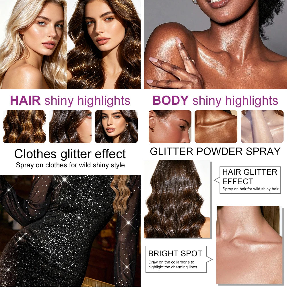 2Pcs VERONNI Body Glitter Spray, Shimmer Highlighter Mist for Hair Face Body, Long Lasting Sparkle Makeup Spray for Party Festival