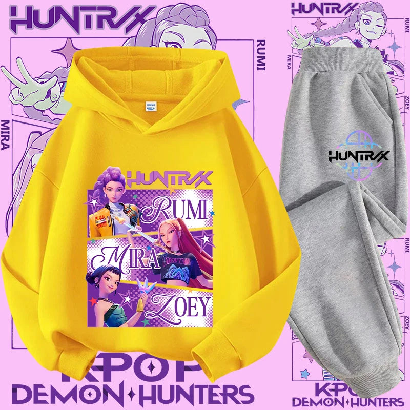 Kpop Demon Hunter Kids Hoodie And Top Set Two Piece Cartoon Print Unisex Casual Wear