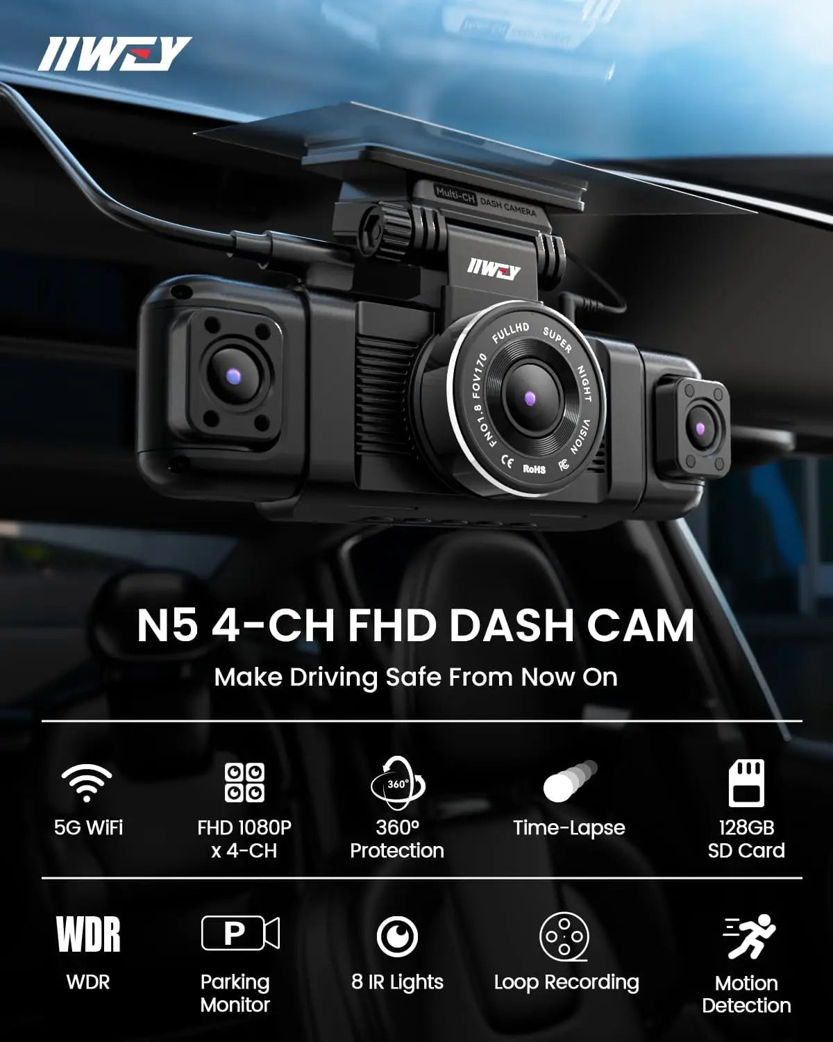 Kankeirr N5 4 Channel Dash Cam 360 View Front Rear