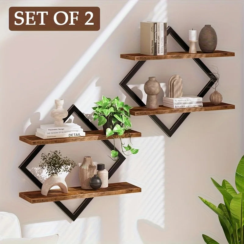 Diamond-Shaped Floating Shelves, Creative Wall-Mounted Space-Saving Storage Shelves, Minimalist Style Wall Suspension Shelves, Artistic Style, Suitable for Living Room and Bedroom Storage