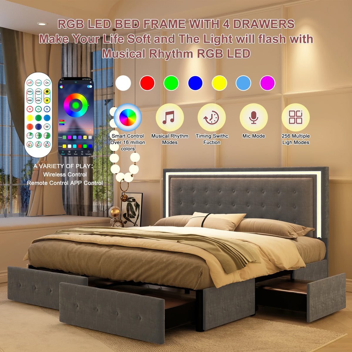 GEGOFORU Queen LED Bed Frame with 4 Storage Drawers, RGBW Headboard, PU Upholstered, No Box Spring Needed, 900 lbs Support