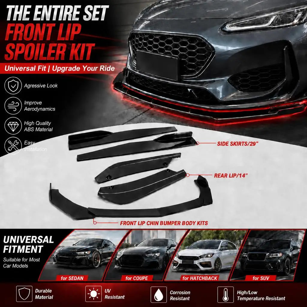 Universal 5 Piece Front Bumper Lip Splitter Kit For Car PP Black Front Spoiler Side Skirt Extension Racing Body Kit