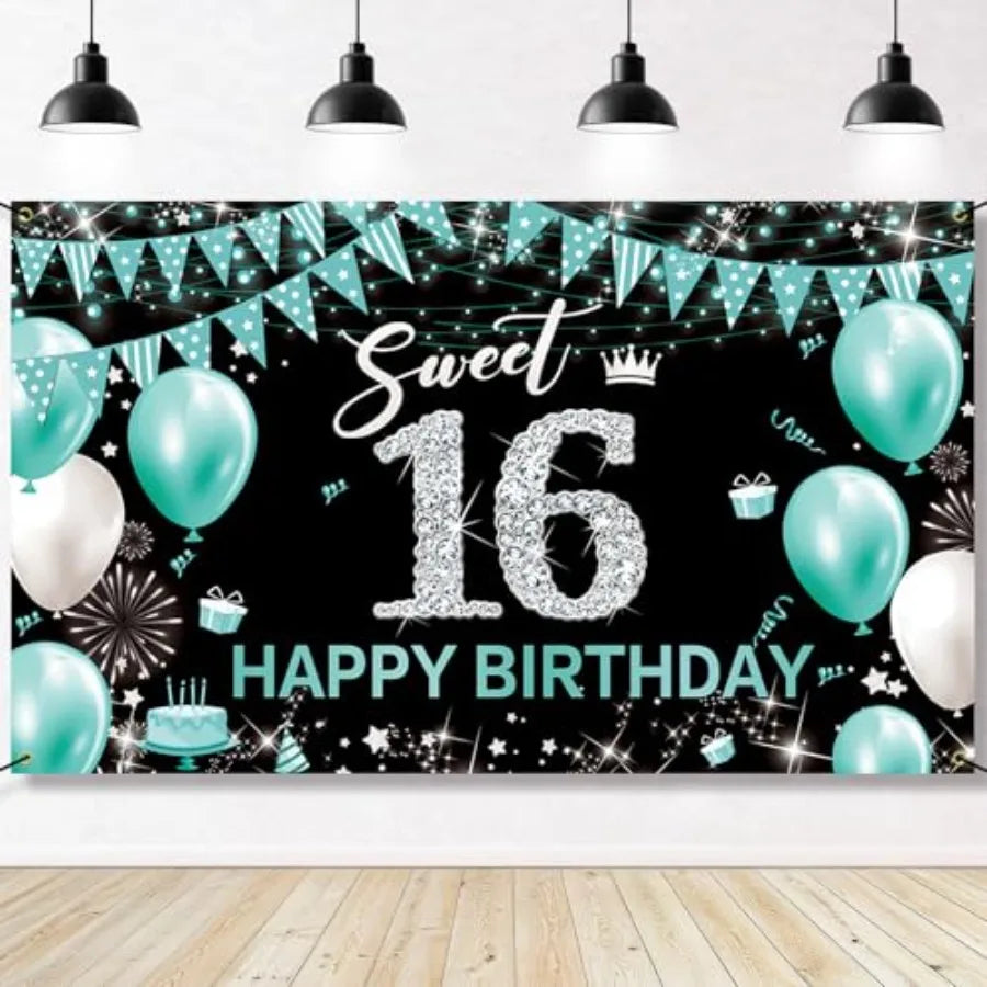 Sweet 16 Party Decorations, Fabric Happy 16th Birthday Banner Backdrop, Sweet Sixteen Birthday Decorations for Girls, Turquoise