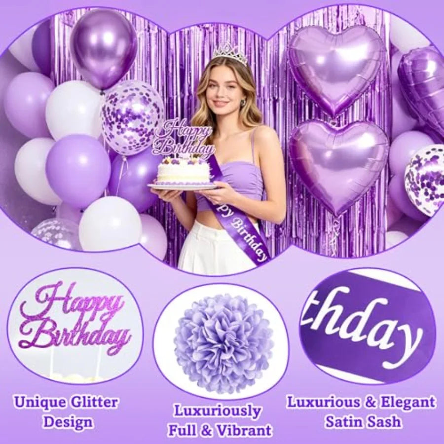 Purple Birthday Decorations, 50PCS Happy Birthday Decorations for Women Include Banner Balloons Sash Foil Fringe Curtain Paper