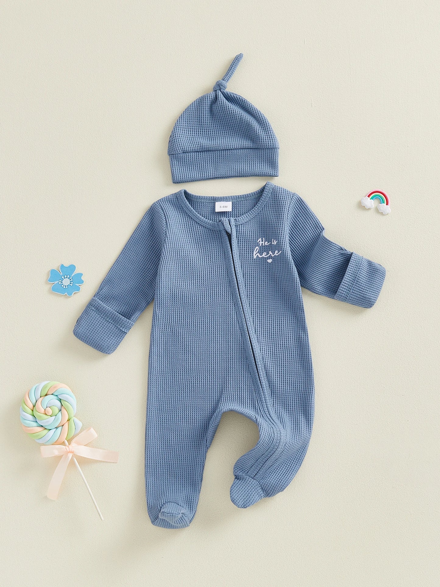Adorable Infant 2 Piece Long Sleeve Romper Set With Hat Embroidered Letters