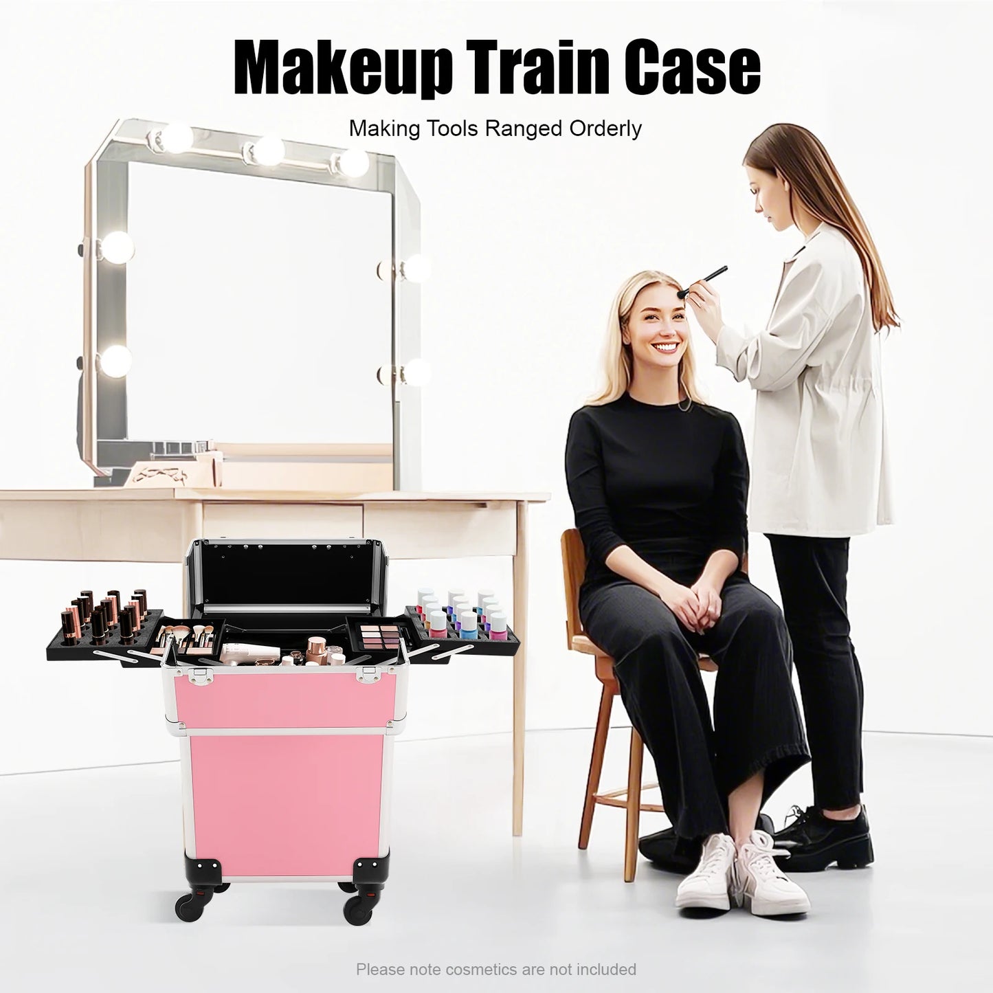 Cosmetic Rolling Makeup Train Case With Removable Wheels And Key