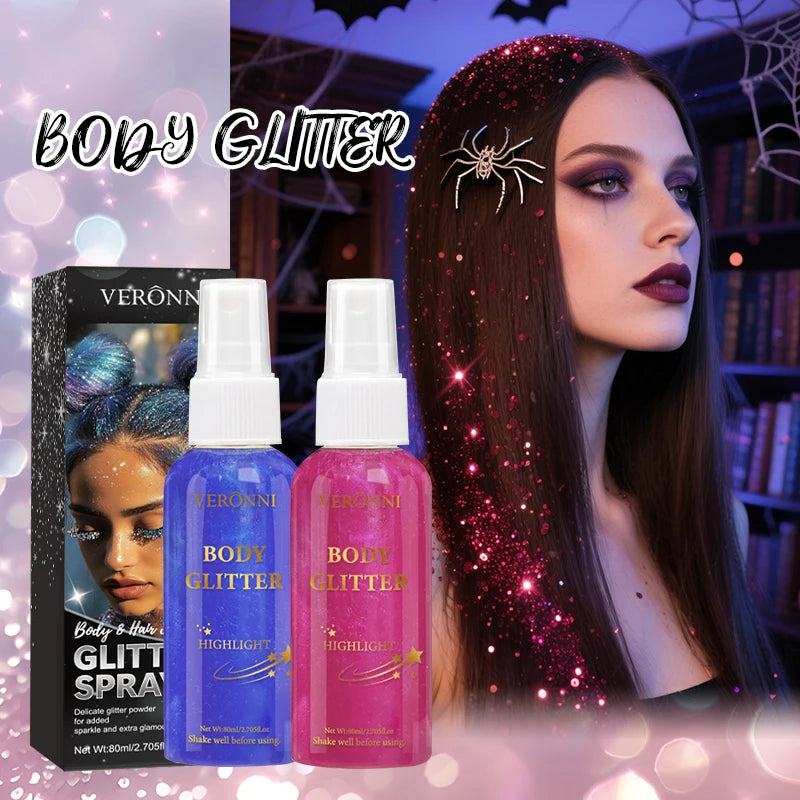 2Pcs VERONNI Body Glitter Spray, Shimmer Highlighter Mist for Hair Face Body, Long Lasting Sparkle Makeup Spray for Party Festival