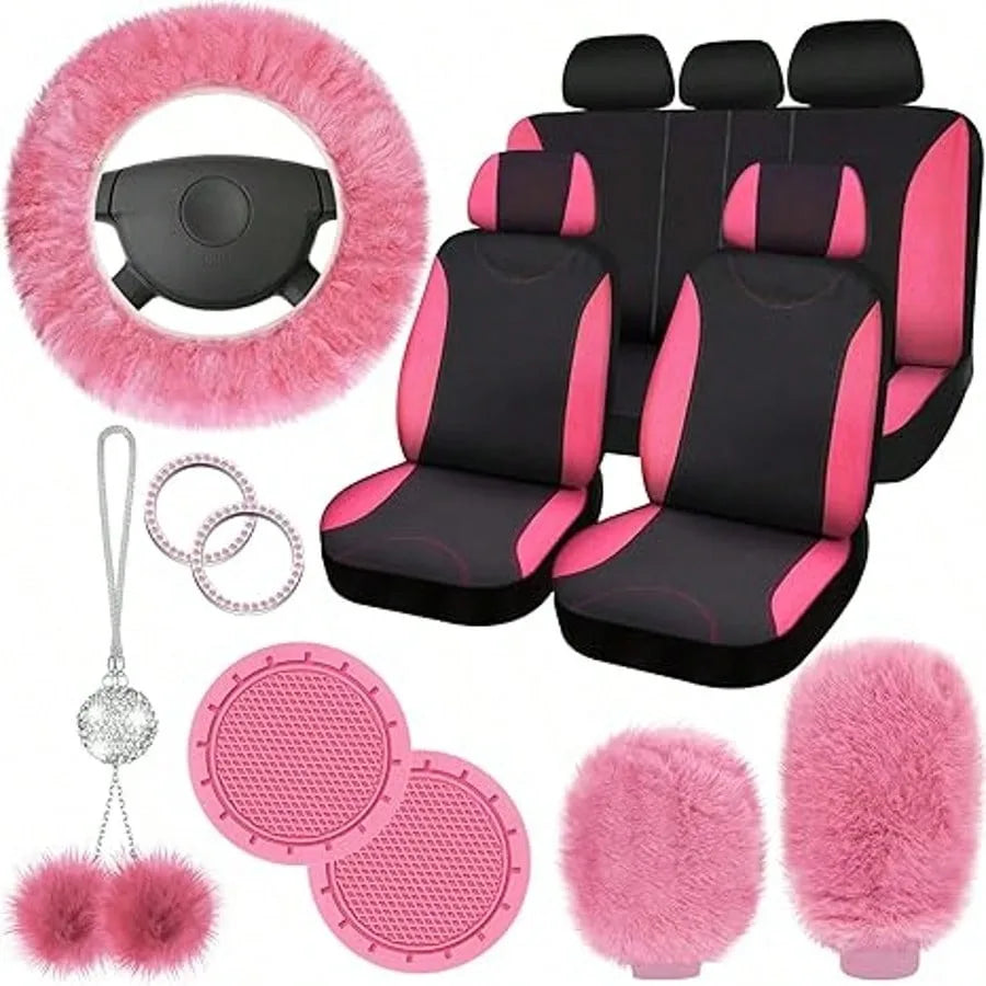 17pcs Car Seat Cover Full Set for Women Universal Fit Car Front Rear Fluffy Steering Wheel Fleece Handbrake Shift Covers Hanging Accessory Holder Ring Emblem (Rose Red Black), Car Seat Cover Full Set