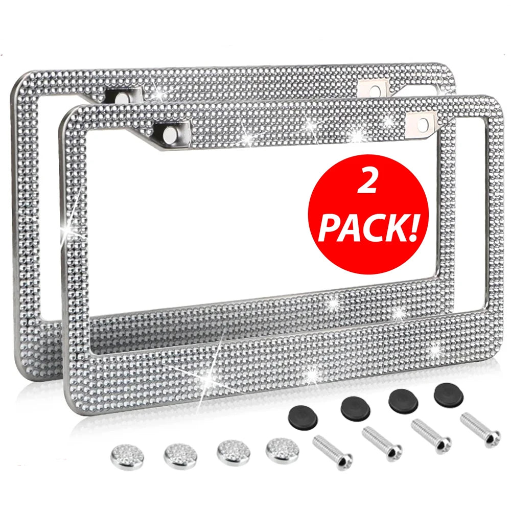2PCS Bling Crystal Diamond Car License Plate Frame Stainless Steel Shiny Rhinestone License Plate Cover Holder Universal Auto License Tag Frames