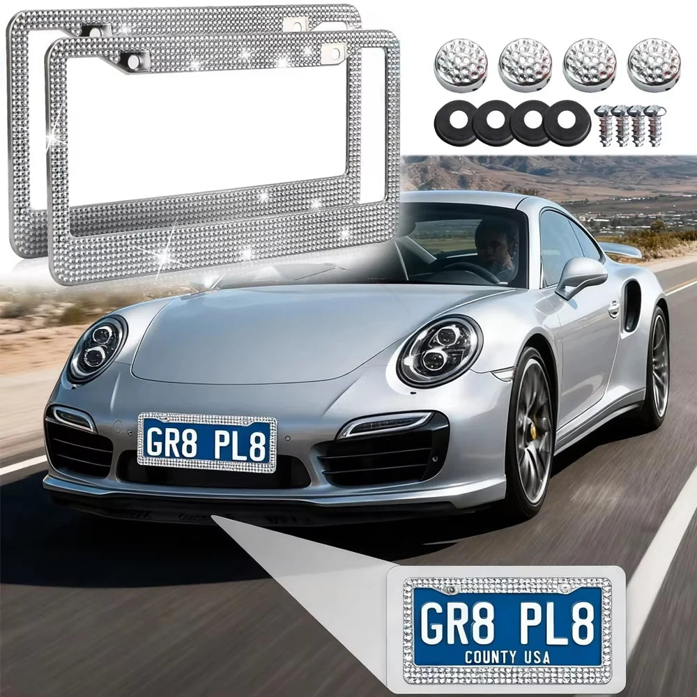 2PCS Bling Crystal Diamond Car License Plate Frame Stainless Steel Shiny Rhinestone License Plate Cover Holder Universal Auto License Tag Frames