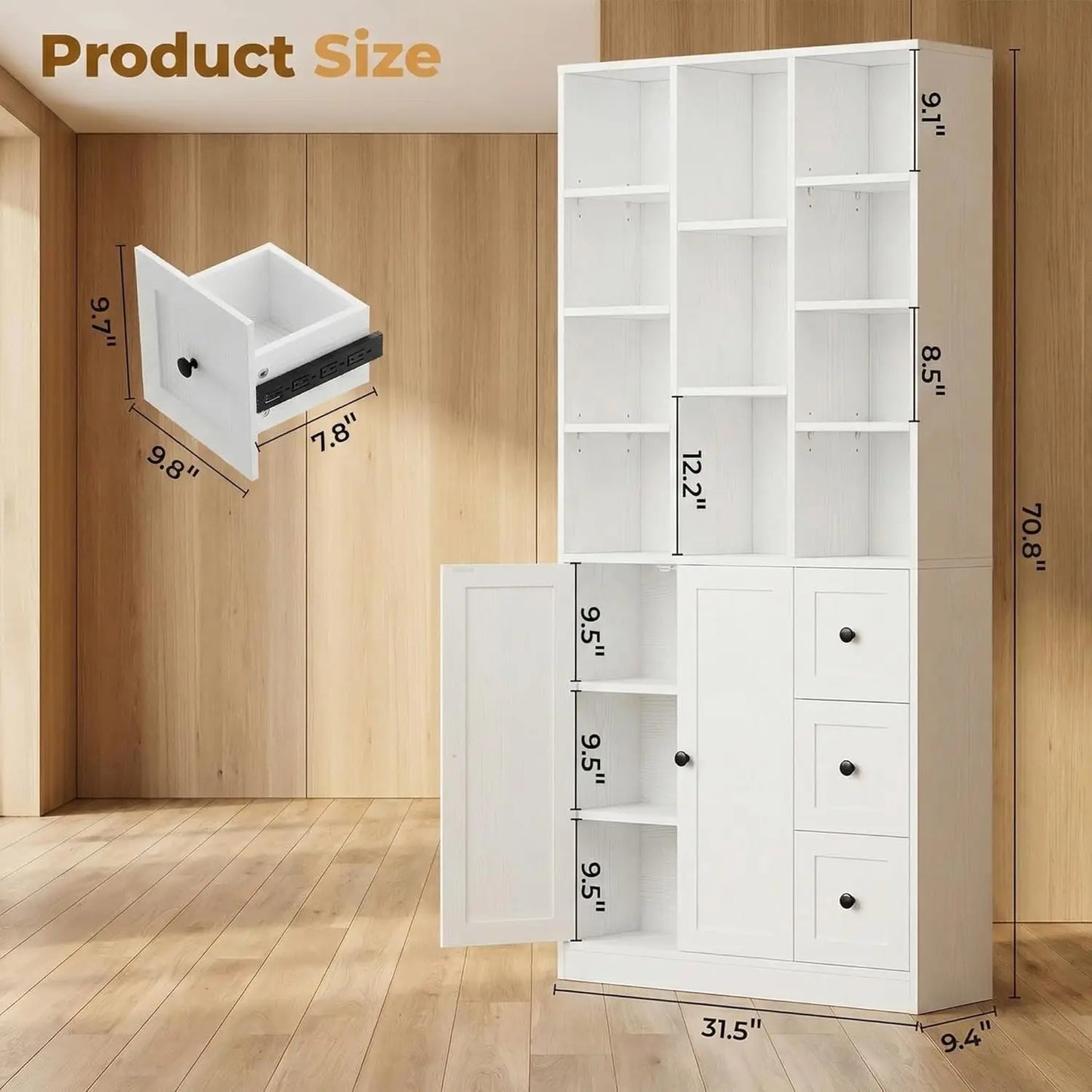 71" Tall Bookshelf Cabinet 3 Drawers 7 Tier Doors Open Shelves Living Room Home Office White Customized