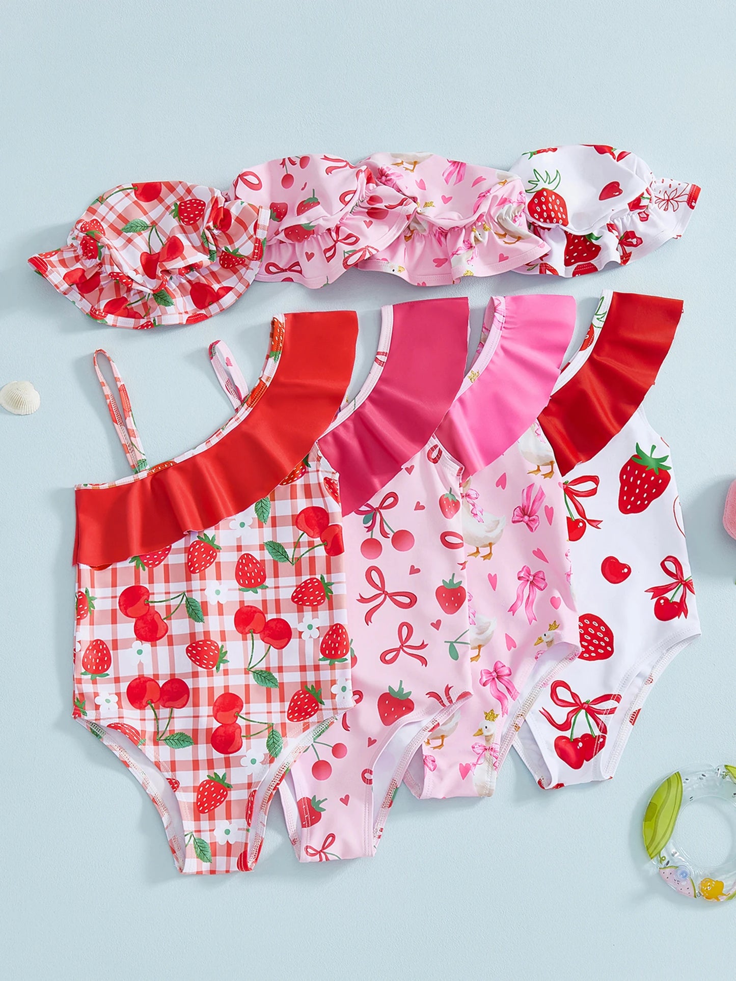 Nonecn Toddler Girls Strawberry Print 2 Piece Swimsuit Set Hat