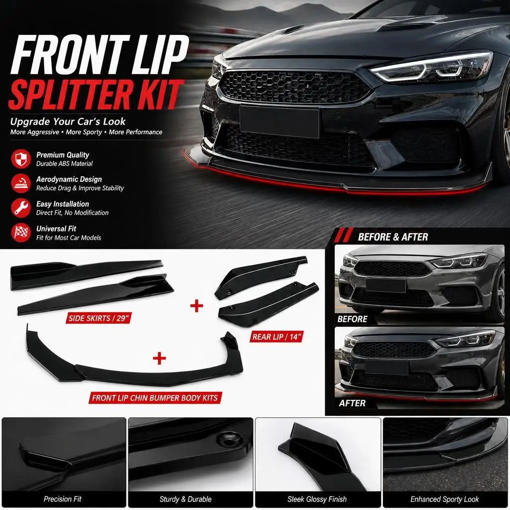 Universal 5 Piece Front Bumper Lip Splitter Kit For Car PP Black Front Spoiler Side Skirt Extension Racing Body Kit