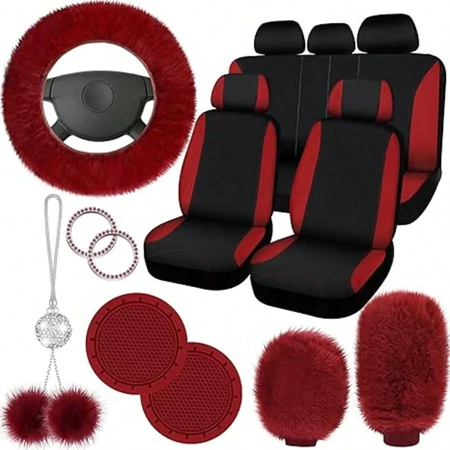 17pcs Car Seat Cover Full Set for Women Universal Fit Car Front Rear Fluffy Steering Wheel Fleece Handbrake Shift Covers Hanging Accessory Holder Ring Emblem (Rose Red Black), Car Seat Cover Full Set