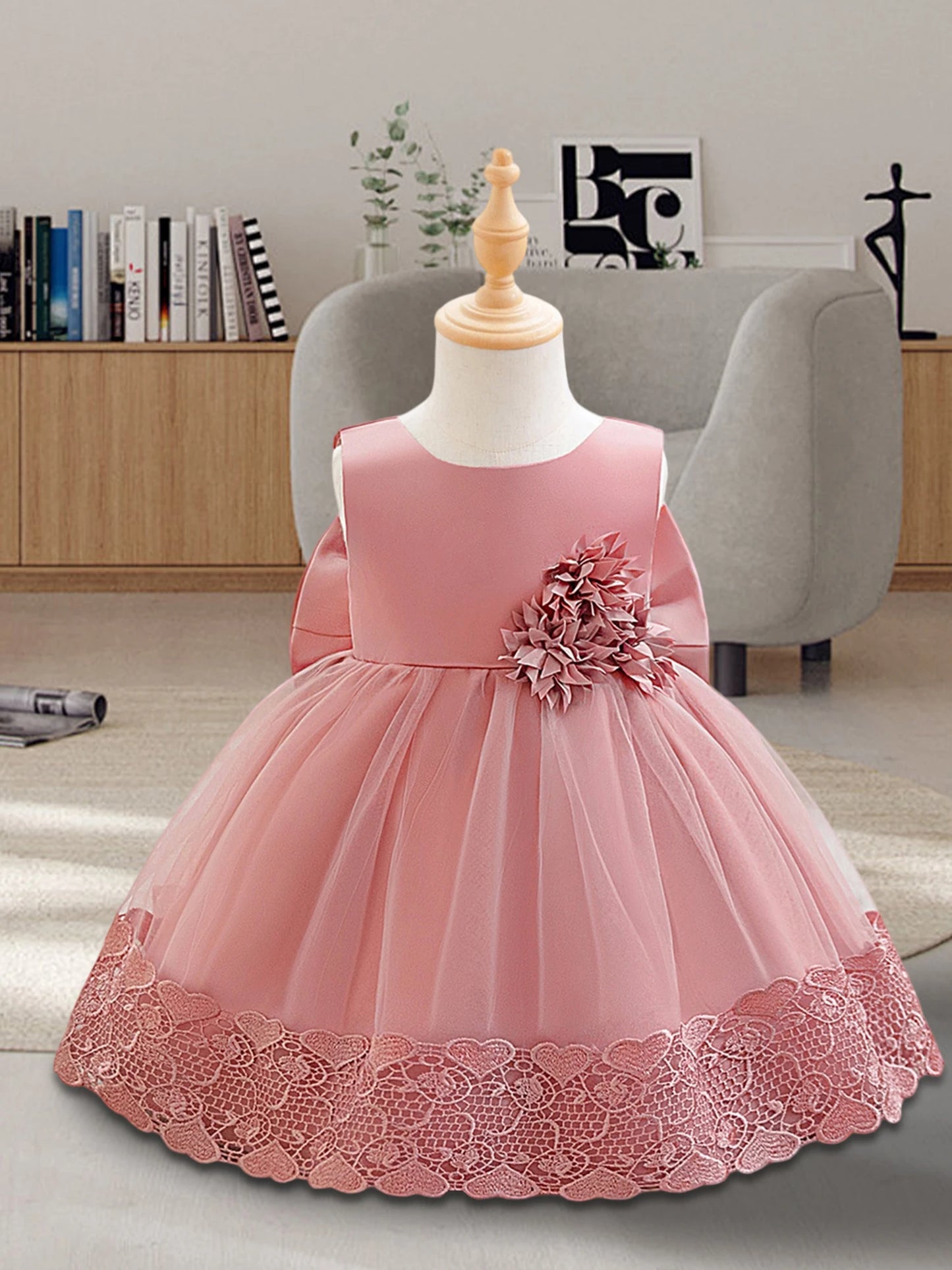 Girls Princess Satin Ball Gown With Floral Embroidery And Big Bow Detail Sleeveless Party Dress For Birthday Or Wedding