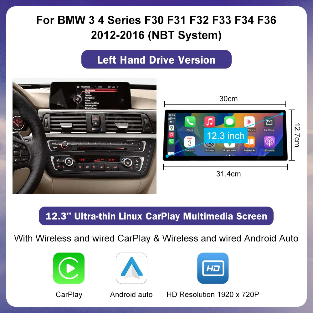 Road Top 12.3 Inch Ultra Thin Screen For BMW 3 4 Series F30 F31 F32 F33 F34 F36 With CarPlay Android Auto