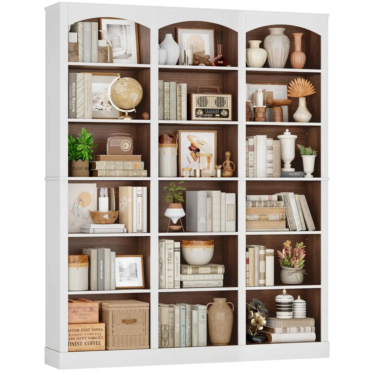 71" Triple Wide Bookshelf, 6 Tier Tall Bookshelf, Large Bookcase with Curved Baffle, 63.4" Wide Book Shelf with 18, Customized