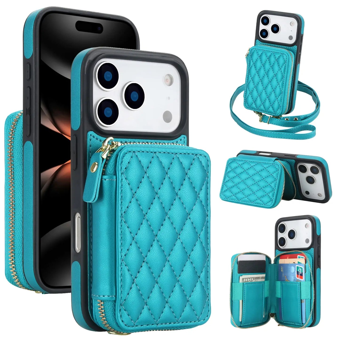 Crossbody for iPhone 17 Pro Max 17 Pro,RFID Blocking Zipper Handbag,Kickstand Folio Case,Card Slots Holder Wrist Strap Lanyard