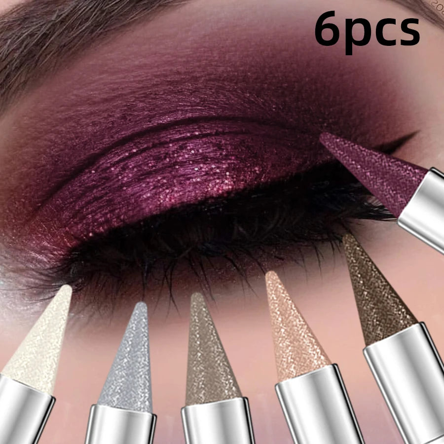 6pcs Metallic Brown Waterproof Eye shadow Pen Glitter Shiny Eye Shadow Stick Set Makeup for Women Gifts Pear Eye Cosmetics Smoky Black