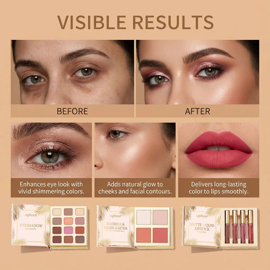 Tropical Gilded Makeup Set: All-in-One Eye Face Palette with Highlighter Blush 4Pcs Matte Liquid Lipstick Sculpting & Illuminating Sunkissed Bronze Glow Highly Pigmented Sweatproof Full Makeup Kit for Summer Festival Travel V