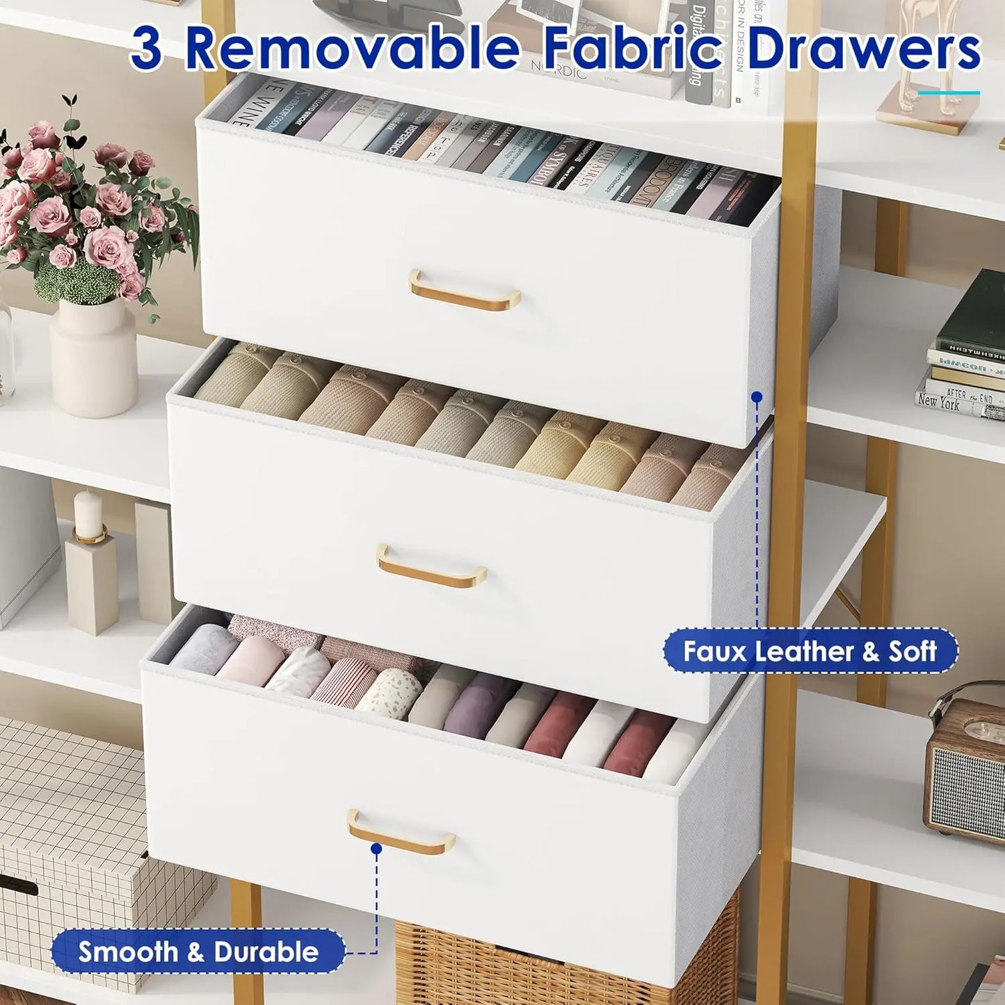 73.6" Triple Wide Bookshelf 3 Drawers 16 Open Shelves Industrial Storage Home Office Gold Customized