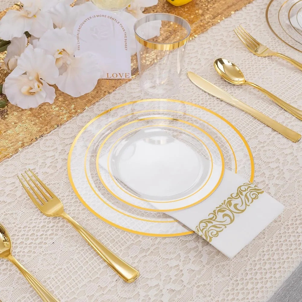 Gold Themed Disposable Dinnerware Set For 100 Guests With 700 Pieces And Clear Plates For Parties And Weddings