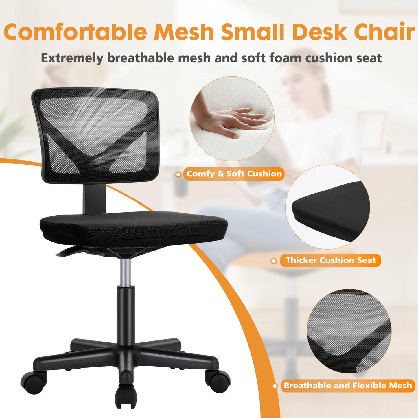 JHK Mesh Lumbar Support Armless Office Chair With Wheels Adjustable Height 360 Degree Rolling Swivel Computer Chair