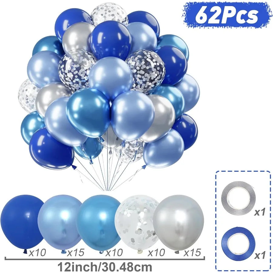 Blue Silver Balloons Set 60 Pcs 12 Inch Navy Blue Balloons with Silver Metallic Confetti for Birthday Baby Shower