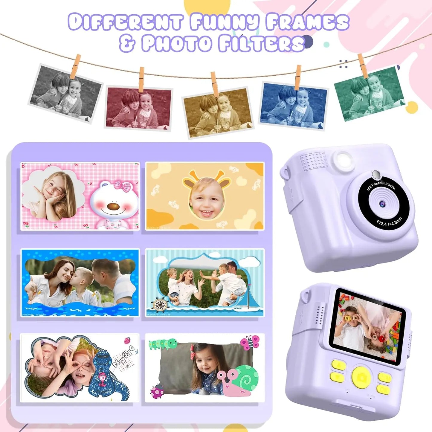 Gofunly Kids Instant Print Camera Thermal Printing Digital Camera 2 Point 4 Inch LCD 1080P For Ages Six To Twelve
