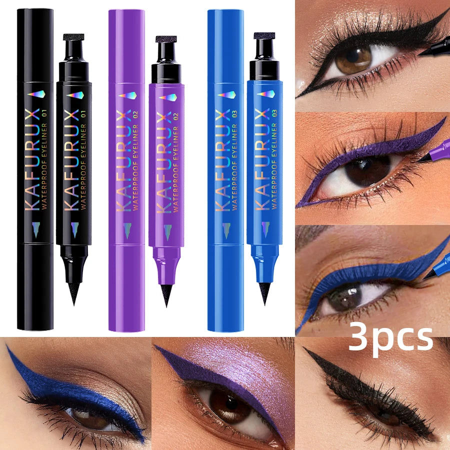 3pcs Colors Double Head Star Seal Eyeliner Waterproof Stamp Pen Black Blue Purple Eye Liner Pencil Long Lasting Fast Drying Lazy Eye Makeup Eye Cosmetic for Women Gifts