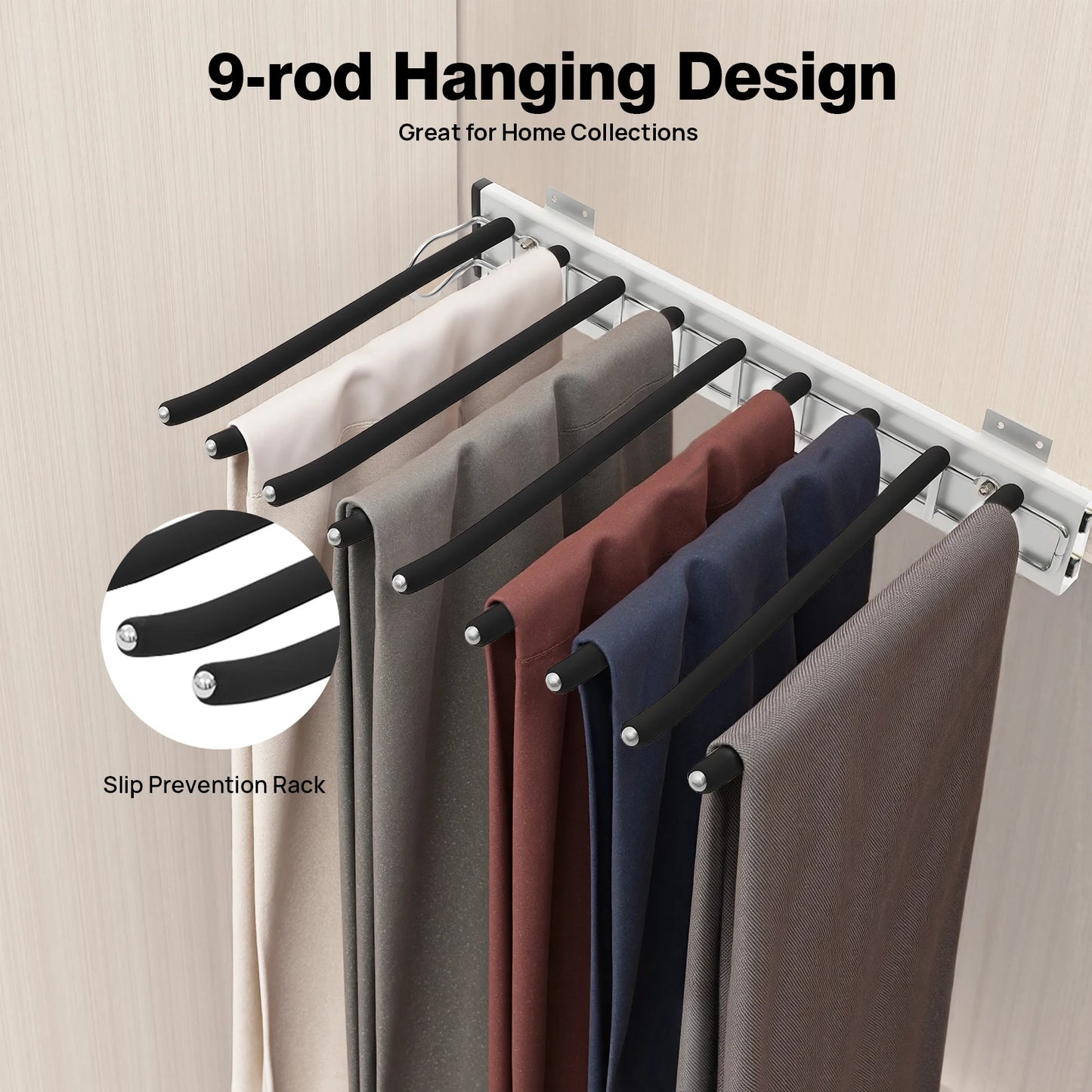 9-Rod Side Mounted Trouser Hanger, 35 lbs Pull Out Trousers Rack, Sliding Pants Rack W/ Flocked Bars for Pants, Ties