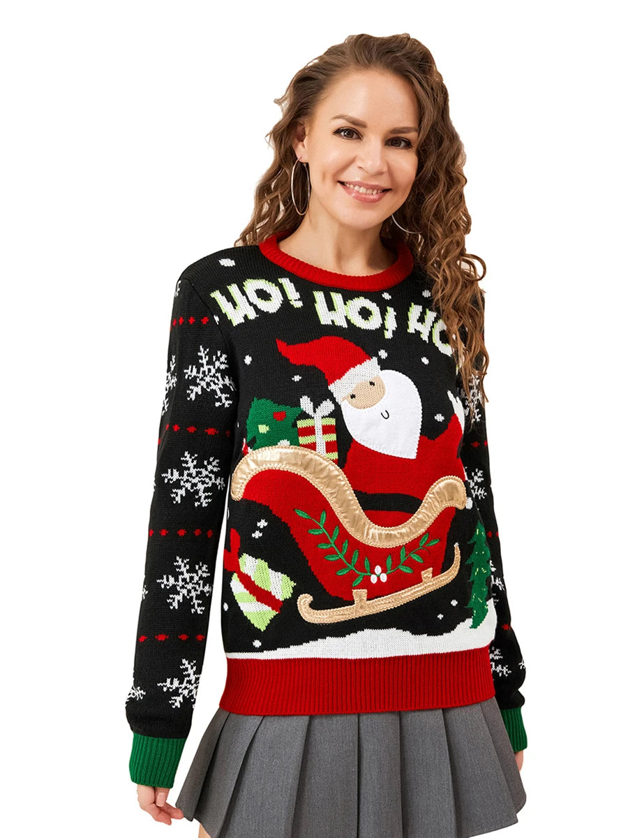Women Christmas Sweater Winter Long Sleeve Round Neck Santa Claus Pattern Knit Tops Classic Fit