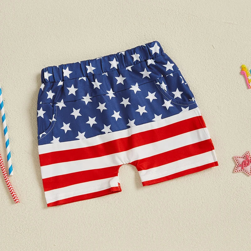 American Flag Rocket Print Toddler Shorts With Elastic Waist