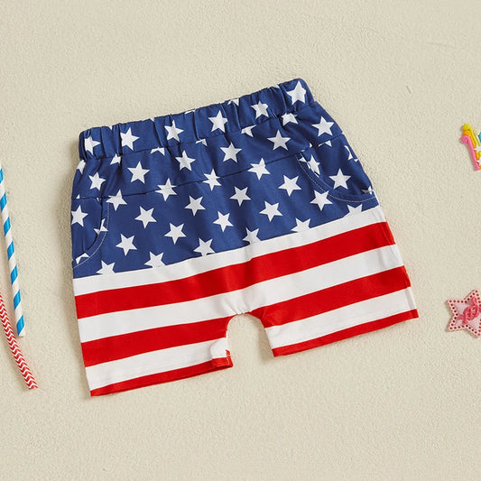 American Flag Rocket Print Toddler Shorts With Elastic Waist