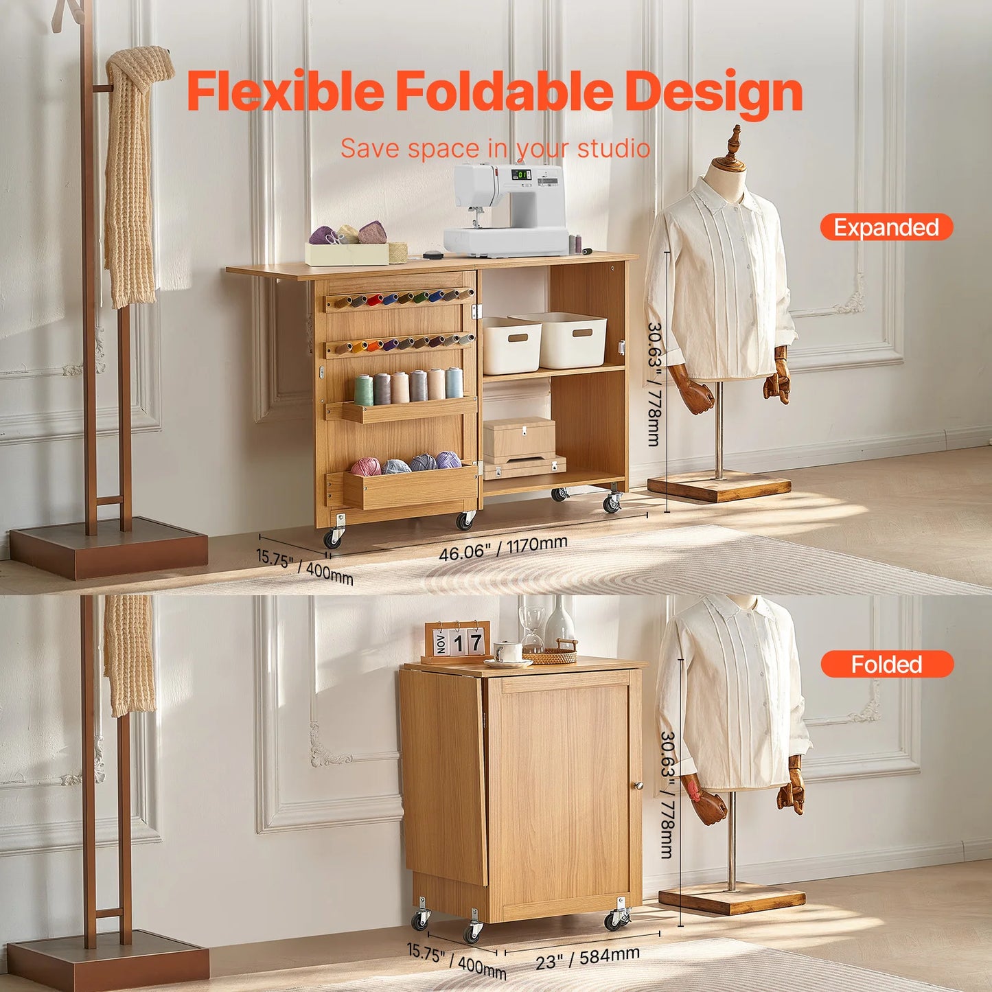 SucceBuy Multipurpose Folding Sewing Table With Wheels Shelves And Storage