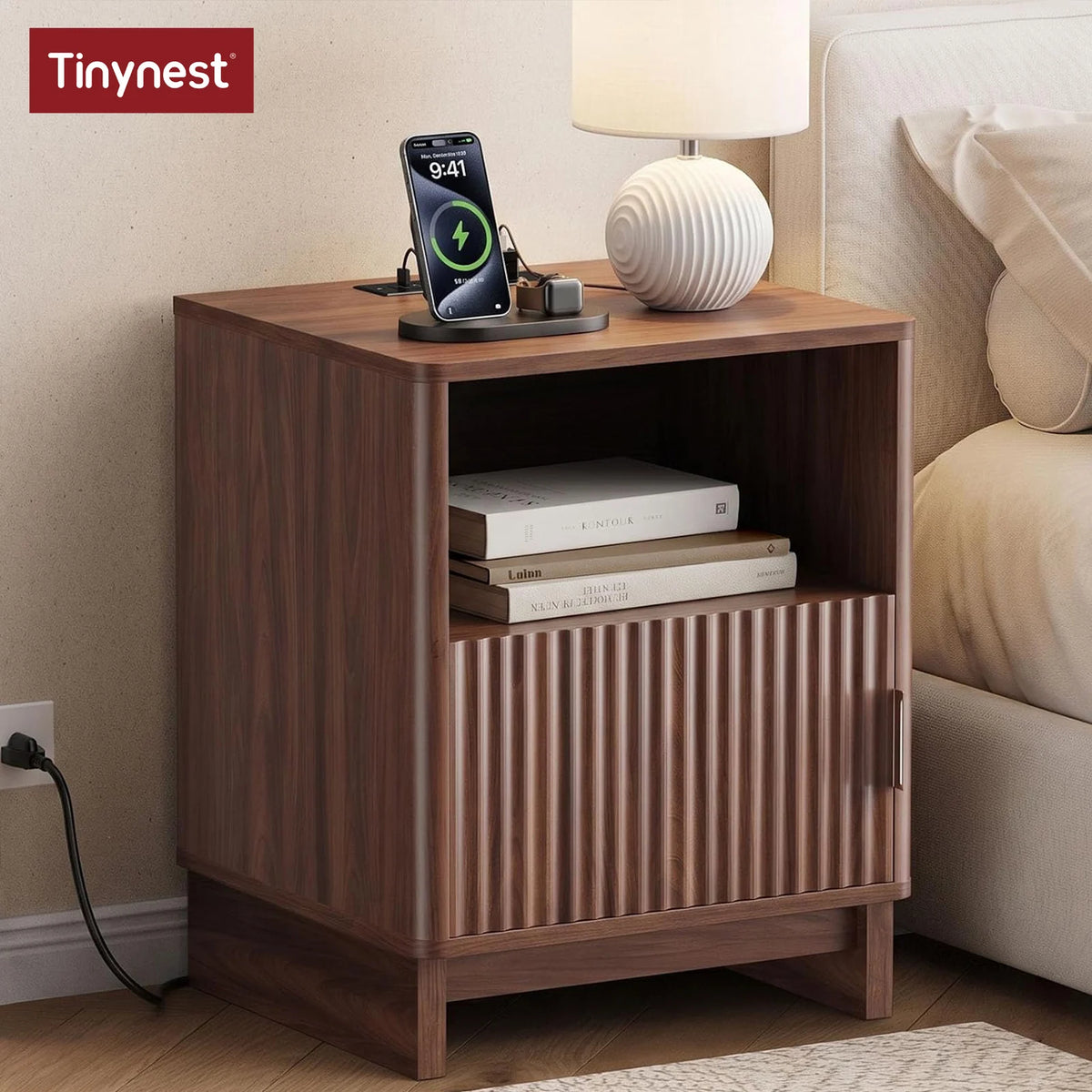 TinyNest Nightstand with Charging Station, Fluted Wood Side Table with Storage Drawers & Open Shelf, Night Stand Bedside Table with 2 AC Outlets, 1 USB A Port, 1 USB C Fast Charging Port, Small End Table Storage Cabinet For B