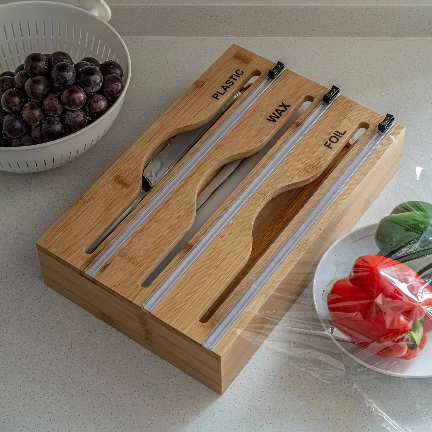 3-in-1 Bamboo Wrap Dispenser Drawer Organizer for Foil Plastic Wrap & Parchment Paper with Built-in Cutter & Label Holders