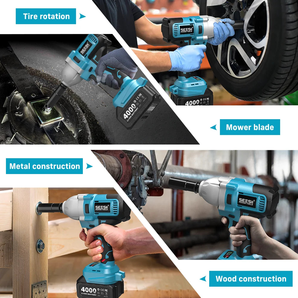 SEESII WH710 Pro 1200N.m Brushless Cordless Impact Wrench 1/2" Electric High Torque Handheld Impact Gun Kit Battery Powered Tool with 4.0Ah Battery LED Light 6 Sockets