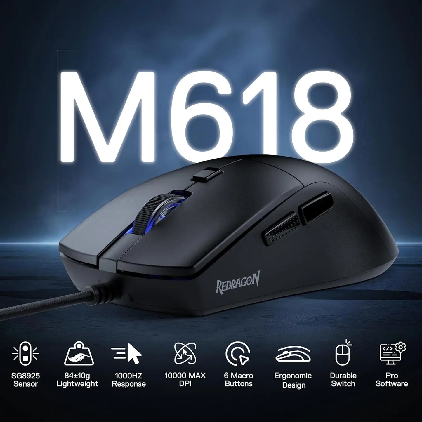 Redragon 618 Wired Gaming Mouse 10000 DPI Optical Ergonomic 6 Programmable Buttons 84G Ultra Lightweight USB