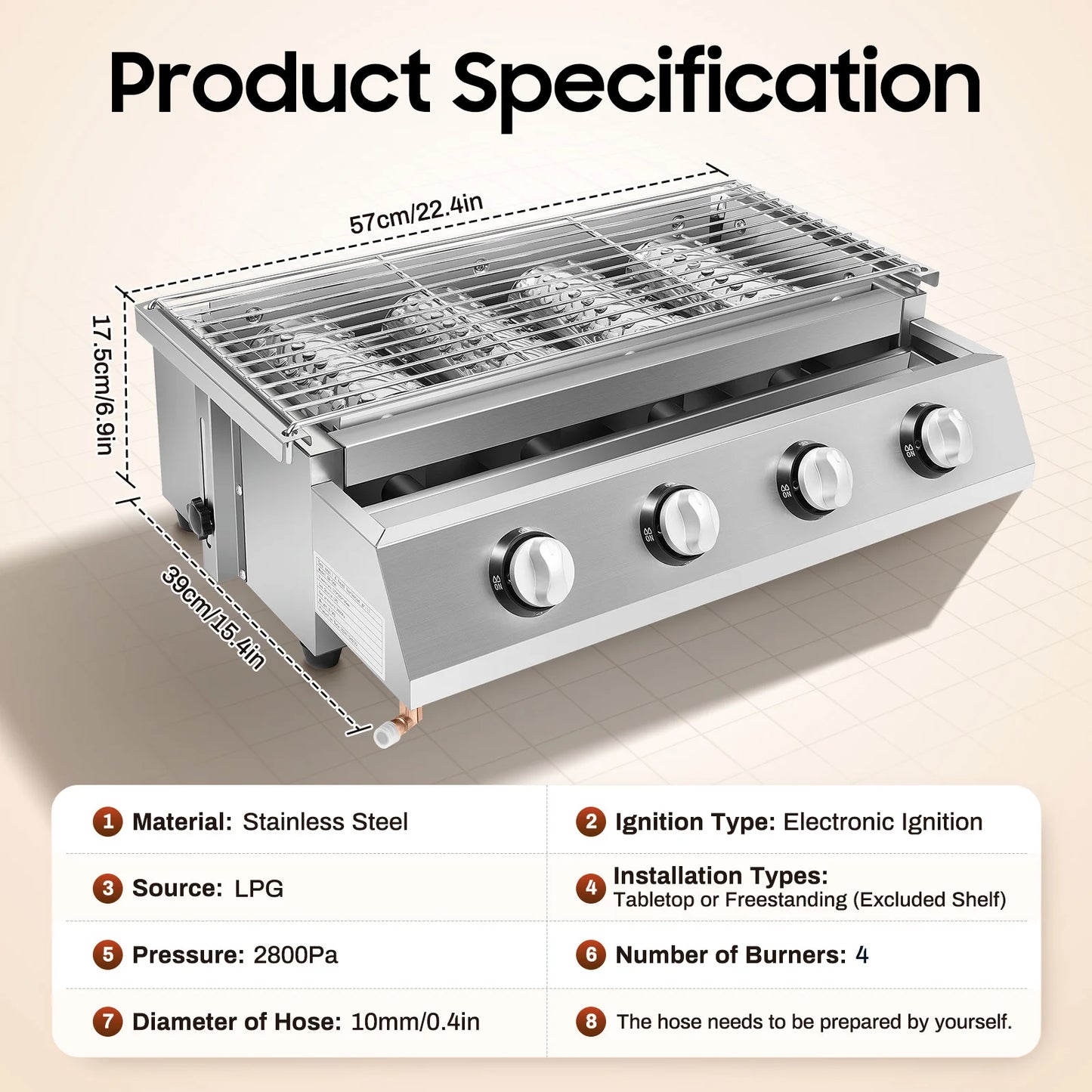 4 Burners BBQ Propane Gas Grill Stainless Steel Smokeless Barbecue Grill Portable BBQ Grill Removable for Outdoor Patio Garden