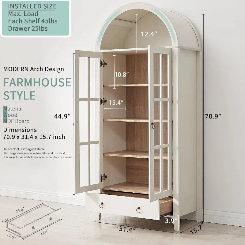 Arched Cabinet With Glass Doors And Drawer 71 Inch Tall Wood Display Cabinet With Adjustable Shelves Antique White