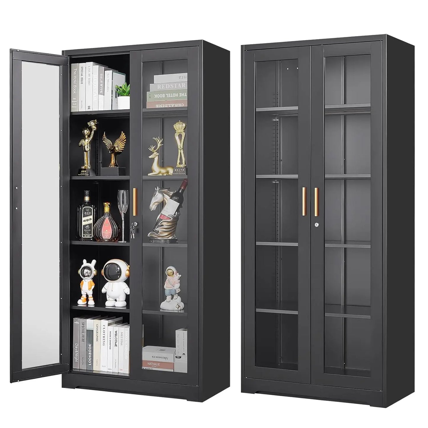 Display Cabinet with Glass Doors, 71'' Tall Curio Cabinets with Lock, Metal Glass Display Case for Collectibles, Customized