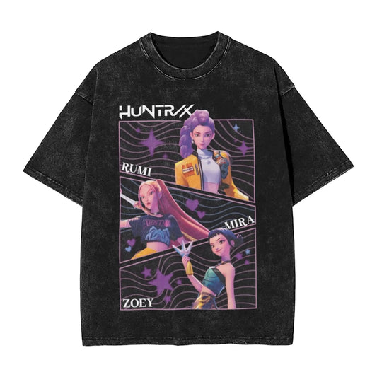 Huntrix Demon Hunter Washed Cotton T Shirt Men Summer