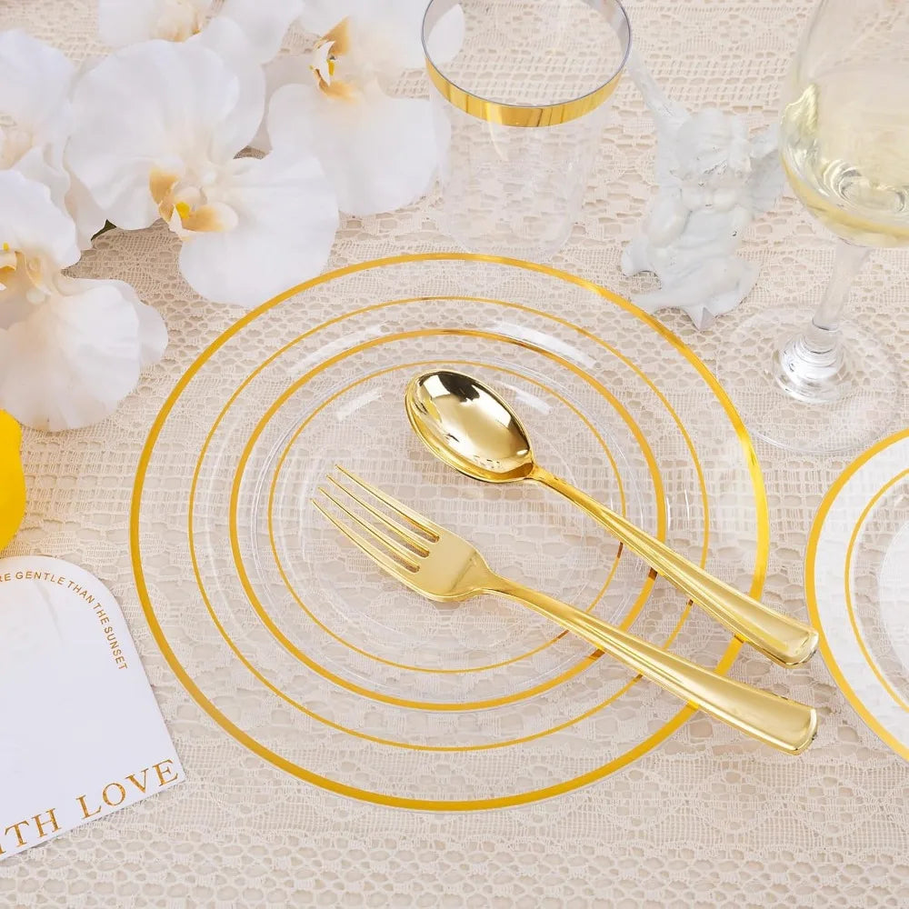 Gold Themed Disposable Dinnerware Set For 100 Guests With 700 Pieces And Clear Plates For Parties And Weddings