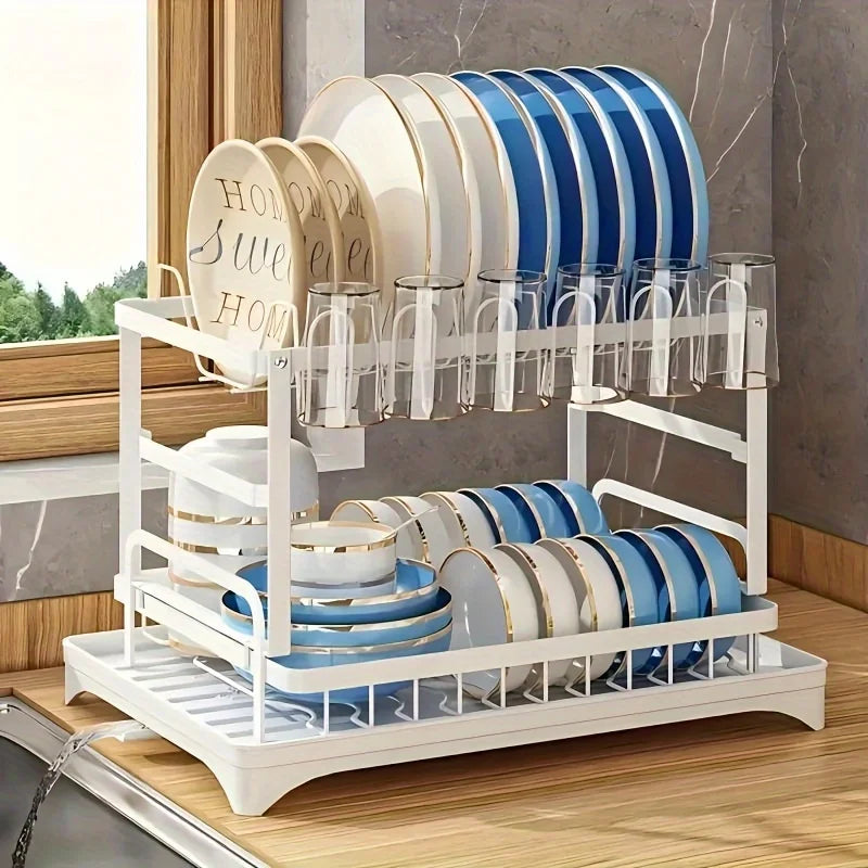 Dish Drying Rack Multifunctional Kitchen With Drainboard 2 Tier Space Saving Rack With Utensil Holder