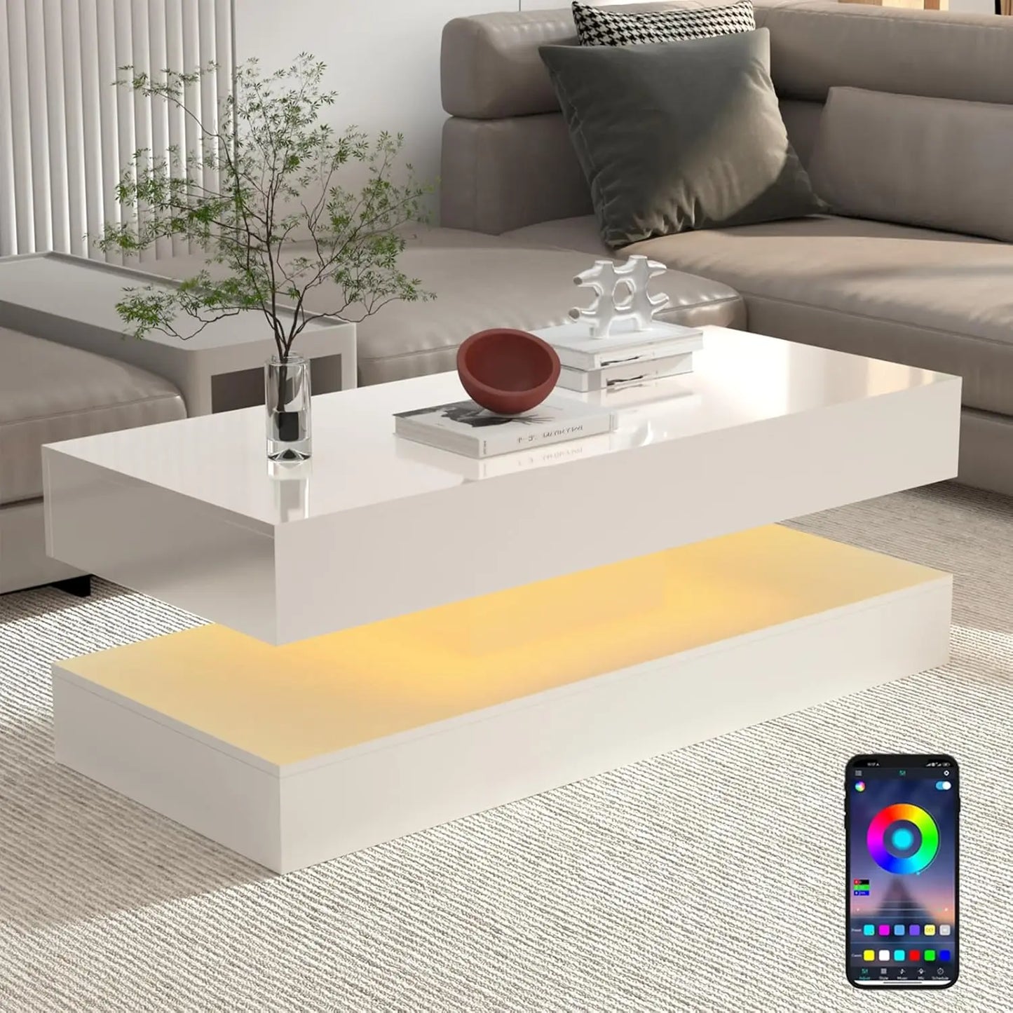 QiaoShiRen Modern LED Coffee Table With Double Layer Storage