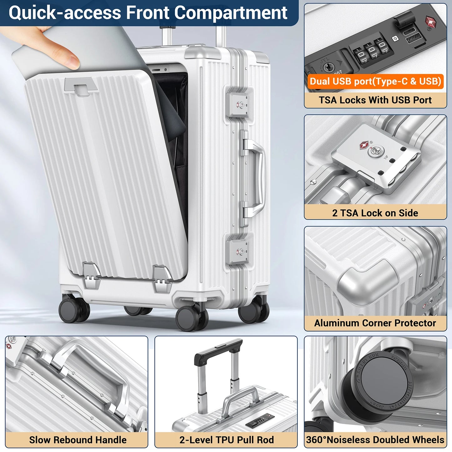 Guangdong Aluminum Framed Carry On Luggage With Front Laptop Compartment