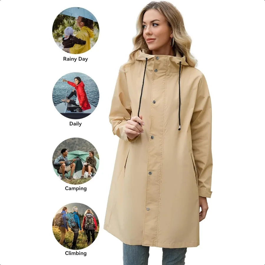 Hign-concerned Packable Waterproof Rain Coat Hooded Trench